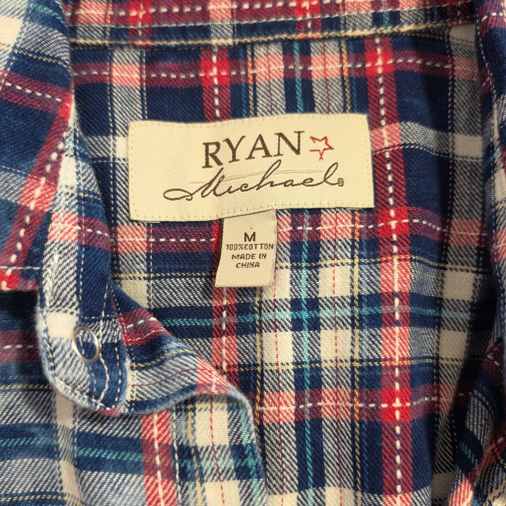 Ryan Michael Mens Indigo Acid Wash Plaid Western Short Sleeve Snap Shirt M - Picture 3 of 6